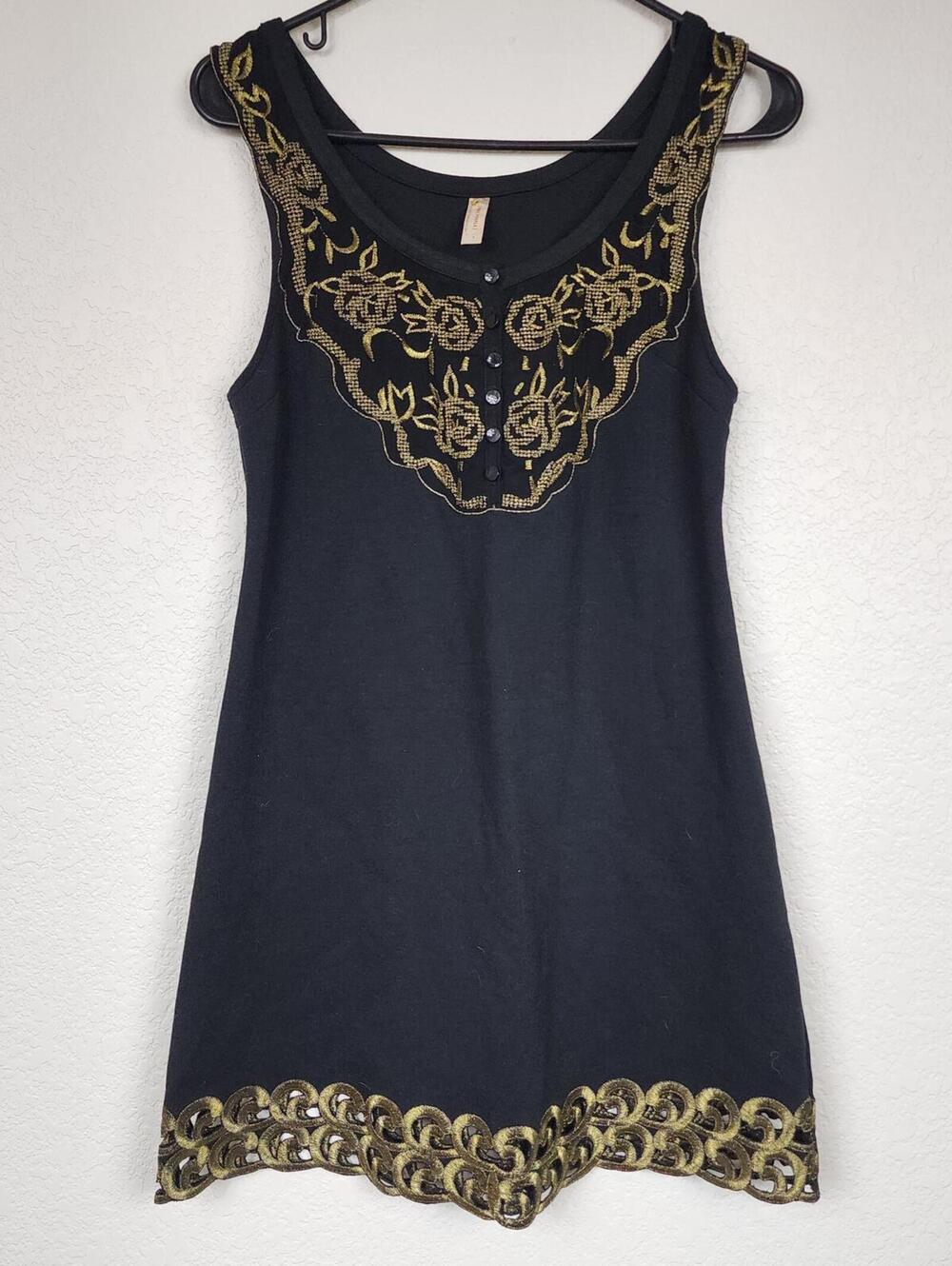 Free People Vintage Black Gold Metallic Stretchy Mini Dress